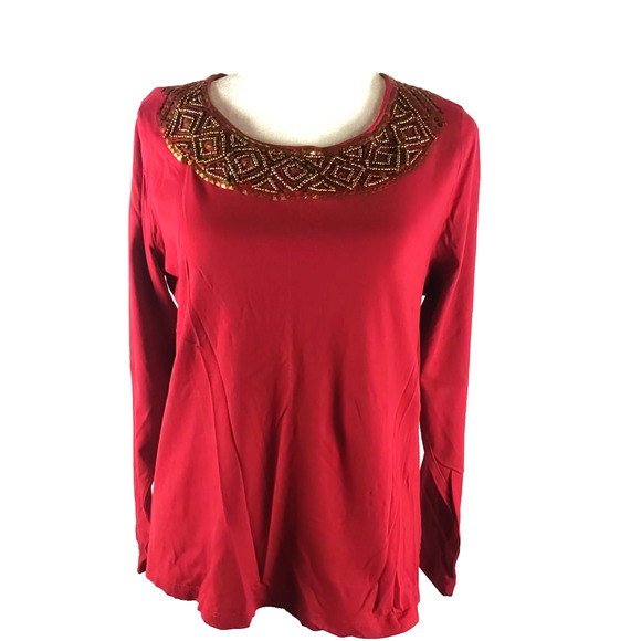 Chico's Women's Long Sleeve Beaded T Shirt Red Gold Beads Size 1 Medium - Picture 7 of 8
